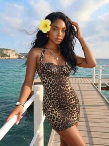 Slaydiva Women's Leopard Print Sexy Halter Neck Mini Bodycon Dress - Multicolor - View 8
