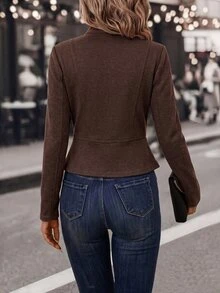 SHEIN Clasi 女款純色長袖拉鍊門襟鈕扣設計拿破崙夾克 辦公通勤 深棕色 秋季優雅 - 咖啡棕 - 查看 2