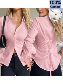 SHEIN EZwear 100%純棉粉色女款休閒百搭款前開鈕扣後收腰修身長袖襯衫，適合秋冬穿著 - 淺粉色 - 查看 6