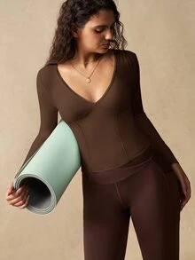 VARSIVA 女款純色露背綁帶長袖運動休閒上衣 T-shirt 健身運動衫 棕色 秋季 - 棕色 - 查看 3
