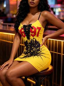 Glyssa Gaun Bodycon Bertali Tipis dengan Motif Retro Amerika - Kuning - View 4