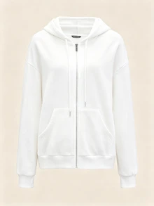 SHEIN BASICS 舒適抓絨落肩拉鍊連帽衛衣，秋冬長袖上衣 - 白色 - 查看 1
