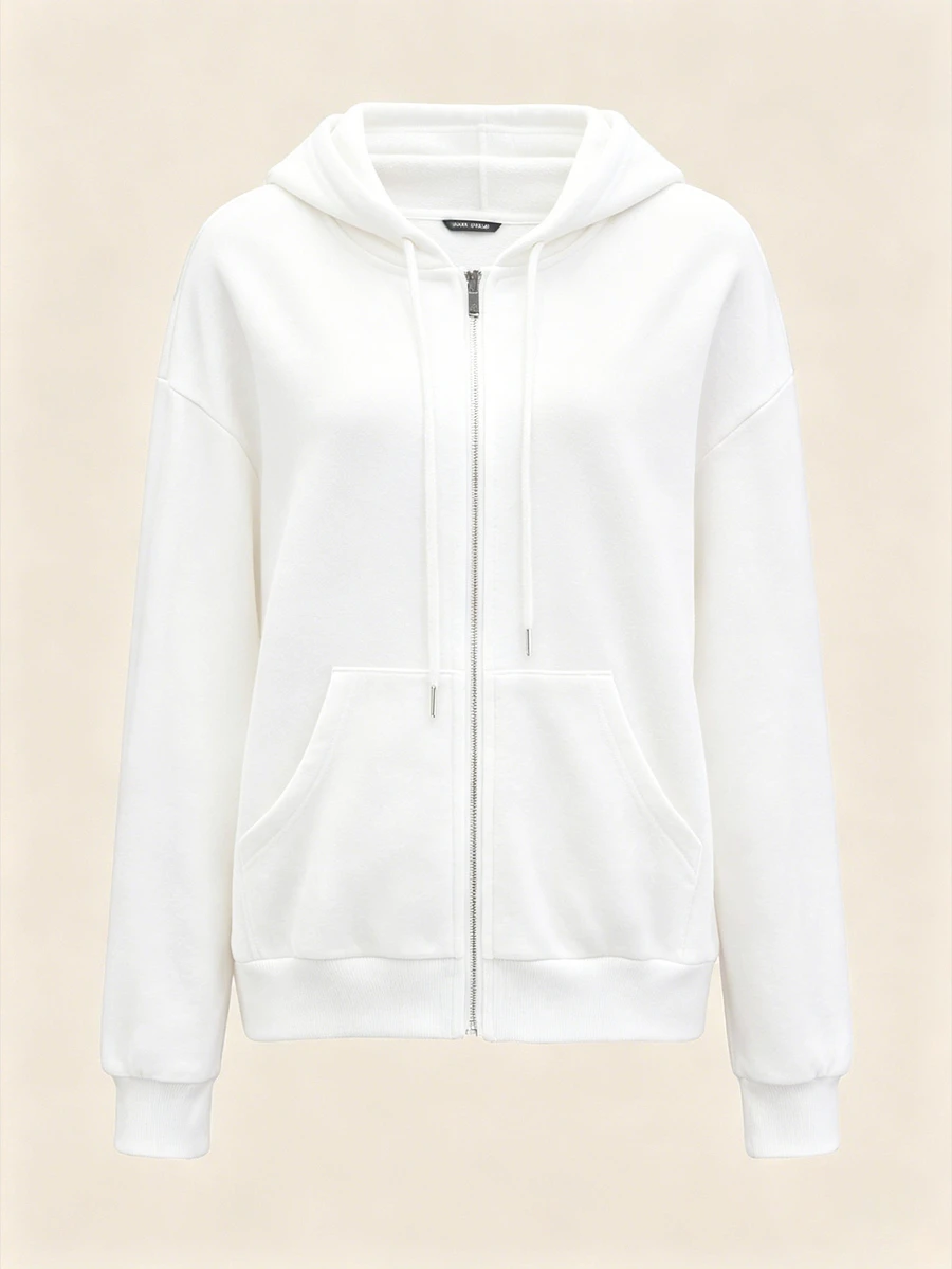 SHEIN BASICS 舒適抓絨落肩拉鍊連帽衛衣,秋冬長袖上衣 - 白色 - 查看 1