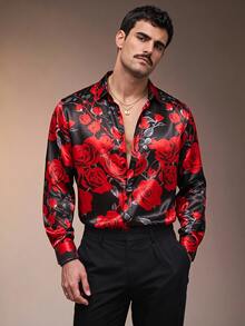 ZURIURI Men's Red Rose Loose Fashion Long Sleeve Shirt - Multicolor - View 1