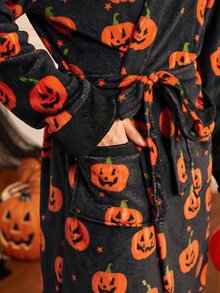 Provexi Provexi Autumn/Winter New Men's Halloween Pumpkin Head Print Flannel Hooded Robe, Loose Tie Waist With Pockets, Long Length Home Bathrobe - Multicolor - View 6