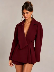 SHEIN BAE 女款純色休閒百搭通勤旅行西裝外套 - 酒紅色 - 查看 6