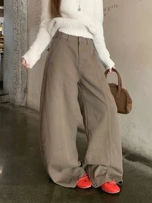 Livesso Women's Loose Wide Leg Casual Versatile Denim Jeans With Pockets Fall - Khaki - View 4