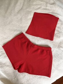 IslaSuriya Plus Size Floral Print Tube Top And Shorts 2 Pieces Set - Red - View 2