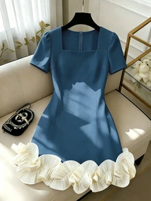 SHEIN Franclia 女款優雅拼接色荷葉邊洋裝 - 中等水洗藍 - 查看 3