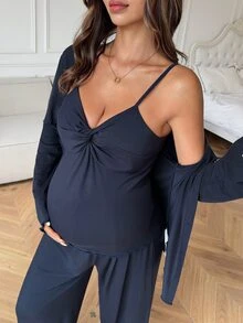 Dazy Maternity Solid Color Fitted Twisted Tank Top, Straight Leg Pants, Loose Cardigan, Casual Home Daily 3-Piece Set, Spring/Autumn Maternity 2-Piece Set - Blue - View 5