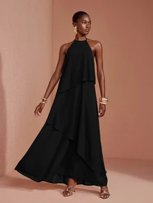 JIAN LASALA Black Chiffon Halter Neck Sleeveless Overlapped Ruffle Hem Long Dress Party Elegant Vacation - Black - View 3