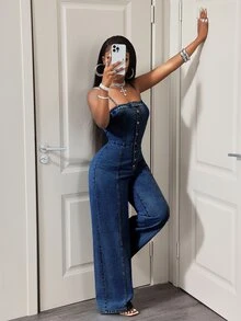 BamGleam 女款時尚鈕扣寬肩帶牛仔連身褲 - 藍色 - 查看 3