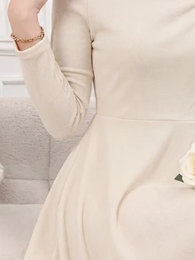 SHEIN Tween Girl Fall Dresses Casual Comfortable Elegant Elegant Lady Solid Color Asymmetric Collar Long Sleeve Ribbed Mid-Length Dress For Party - Apricot - View 4