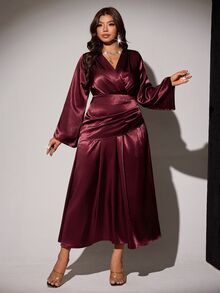 Viva Relle Plus Size Burgundy Satin V-Neck Fitted Ruched Waist Flared Long Sleeve Draped Asymmetrical Hem Evening Dress Fall - Burgundy - View 5
