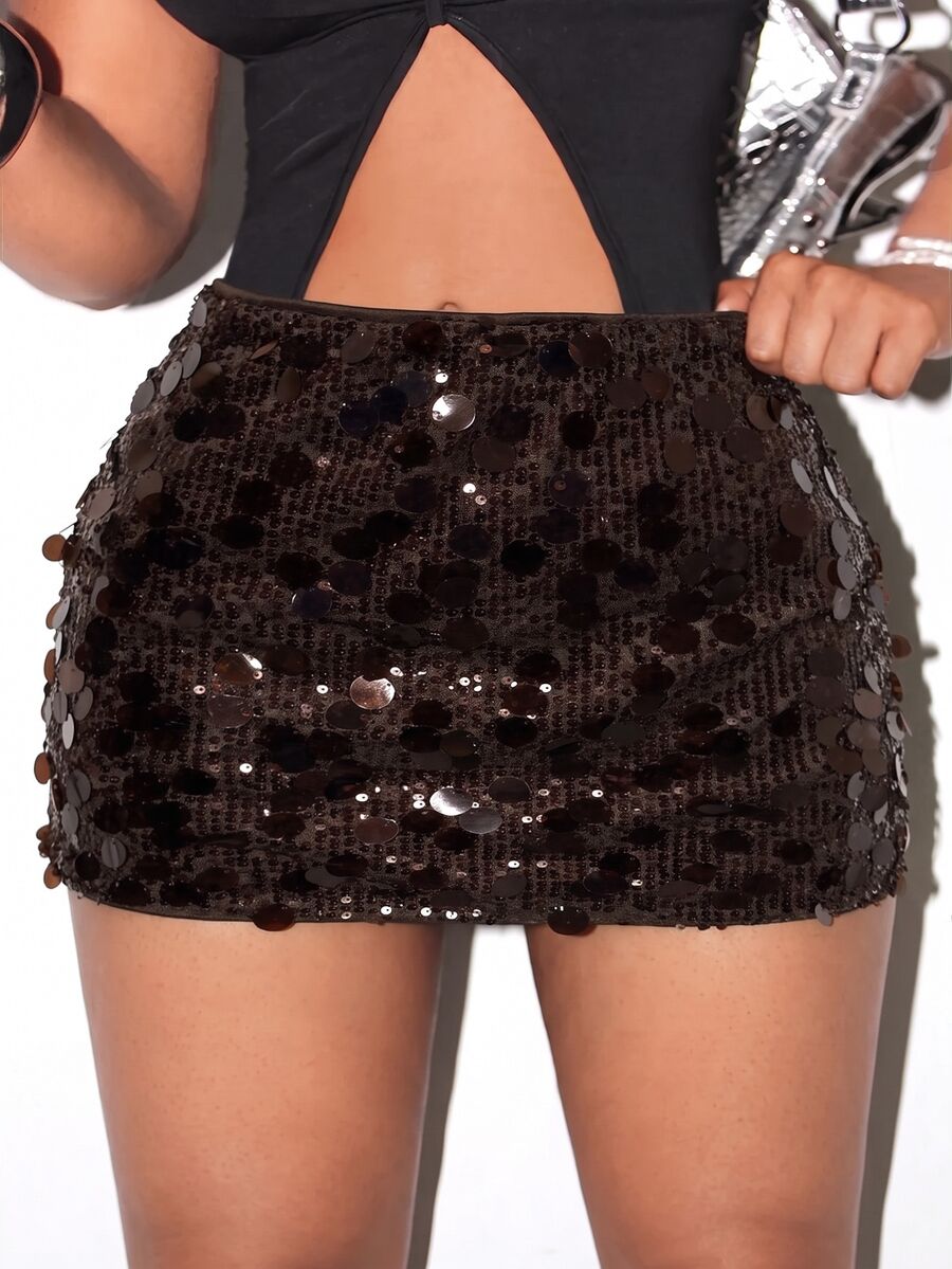 BamGleam Sequin Mini Bodycon Skirt For Holiday Party Clothes - Brown - View 1
