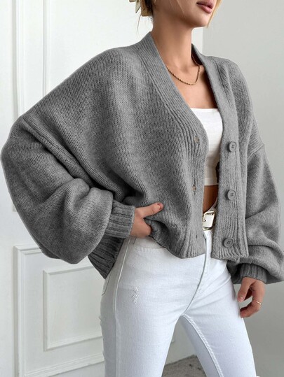 SHEIN Tall Women's Solid Color V-Neck Front Button Elegant Long Sleeve Cardigan