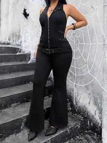 Jeanoix Plus Size Women's Sexy Halter Neck Denim Jumpsuit With Flared Legs - Black - View 6
