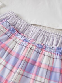 Girls Purple Solid Color Top + Plaid Long Pants Set, White Top With English Letter + Eyelash Print + Plaid Long Pants + Hair Scrunchie 4-Piece Set - Multicolor - View 4