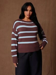 Rustia Plus Size Autumn/Winter Casual Colorblock Striped Sweater - Multicolor - View 4