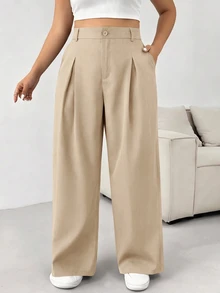 SHEIN PETITE CURVE Celana Panjang Kasual Kancing Polos Ukuran Besar dengan Potongan Lebar untuk Wisuda, Kembali ke Sekolah - Aprikot - View 5