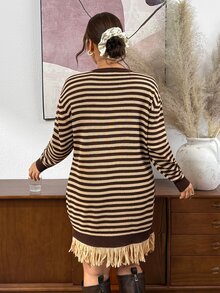 SHEIN Frenchy Plus Size Women's Striped Tassel Design Casual Knit Dress - Multicolor - View 7