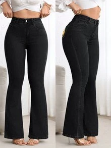 SHEIN ICON 女款南瓜圖案休閒喇叭腿牛仔褲 - 黑色 - 查看 2
