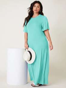 SHEIN BASICS 大尺碼純色女款T恤洋裝 夏季女裝 優雅寬鬆休閒度假海灘正式洋裝 藍綠色 - 薄荷綠 - 查看 4
