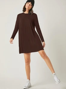 SHEIN BASICS 純色T恤洋裝/秋季女款日常居家深棕色休閒穿搭 - 棕色 - 查看 5