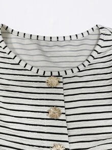 Franclia Blue White Stripe Plus Size Fitted Short Cardigan, Round Neck Long Sleeve Floral Button Design, Casual Elegant Sailor Classy Top Women, Fall - Multicolor - View 3