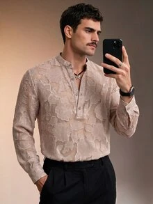 ZURIURI Men's Luxury Minimalist Floral Cut Button Half-Placket Shirt - Apricot - View 6