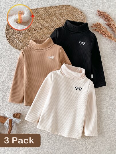 SHEIN 3pcs Girls' High Neck Black, White, Brown Long Sleeve T-Shirts With White Fleece Lining, Suitable For Daily Wear And Autumn/Winter
