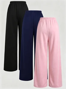 SHEIN Girlism 青少年女孩 3件組 針織寬腿時尚印花長褲 簡約系列 3件裝 日常百搭 適合休閒運動校園 黑色 - 彩色 - 查看 4