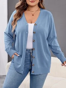 SHEIN CURVE+ 大尺碼女款純色休閒百搭日常開襟衫 - 淺藍色 - 查看 4