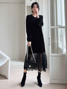 Dazy Tall Women's Round Neck Lace Patchwork Velvet Long Elegant Dress Fall - Black - View 3