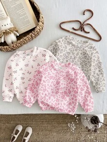 SHEIN 秋冬款 3件套！少女休閒趣味淺色豹紋＋花卉圖案，厚實柔軟舒適圓領套頭運動衫，多件裝女童服飾，Y2K、可愛風、派對、日常、度假、可愛舒適 - 彩色 - 查看 2