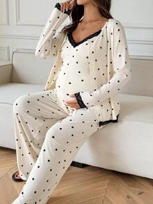 Dazy Maternity Contrast Color Polka Dot Lace Trim Slim Fit Camisole Straight Leg Pants Loose Cardigan Casual Daily Home Spring Autumn 3-Piece Set Maternity 2-Piece Set - Apricot - View 9