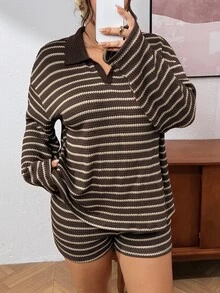 Lounesse Women's Plus Size Striped Two Pieces Set, Fashion Casual Soft Form Decent Colorblock Two Pieces Set Formal Vacation Office Brown Autumn - Brown - View 5