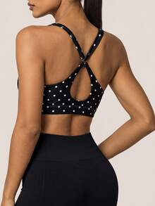 SHEIN BAE Women Black Polka Dot Cross Back Open Back T-Shirt Gym Workout Training Running Yoga Athletic Activewear - Black - View 3