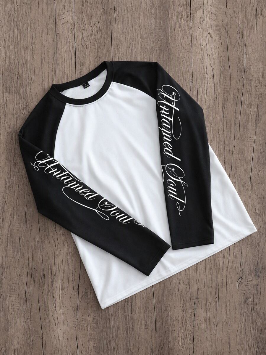 OldRiff Men's Black & White Contrast Untamed Soul Letter Print Raglan Sleeve Long Sleeve T-Shirt, Black & White Contrast Collision Personalized Print, Release Free Soul, Easily Capture Moments - White - View 1