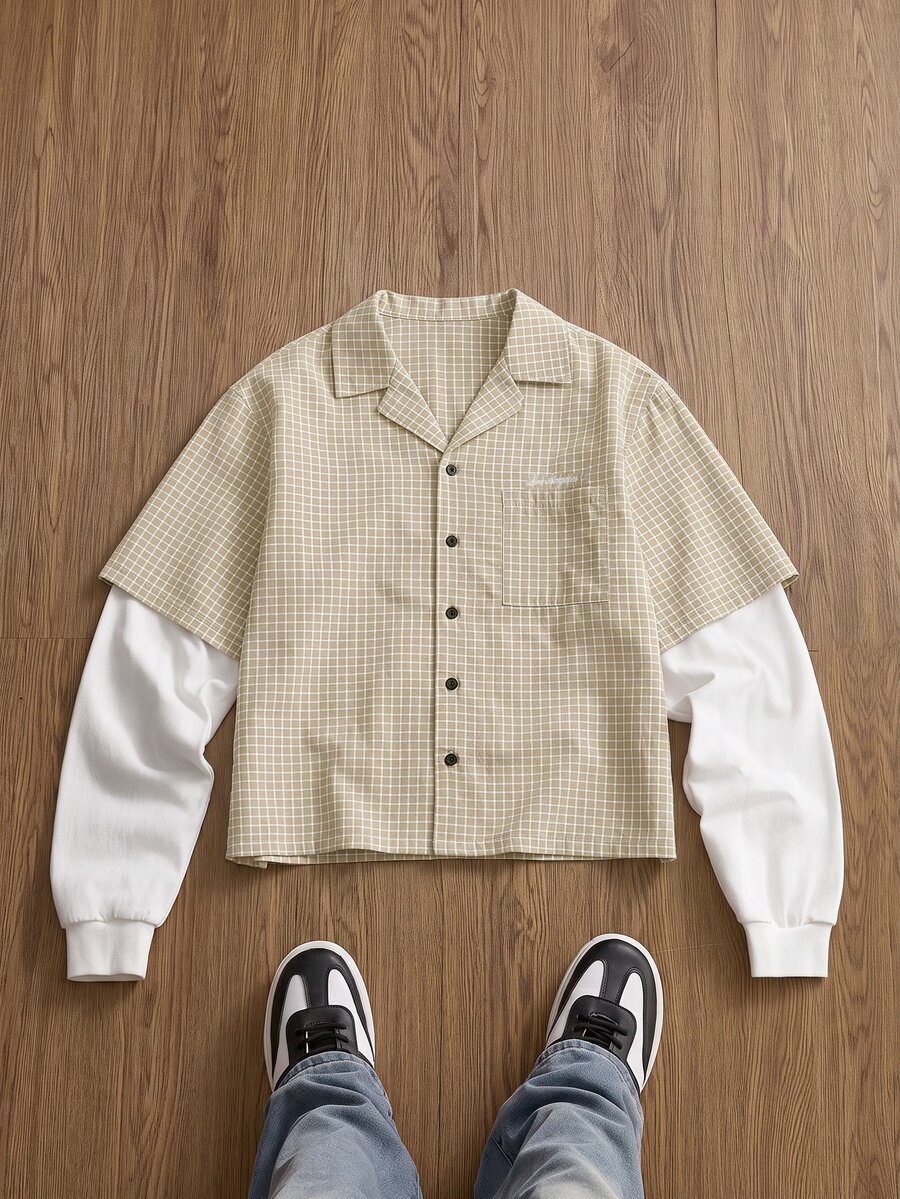 SWAVVY Men's Plaid Patchwork 2 In 1 Shirt - Apricot - View 1