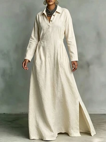 SHEIN Women's Cotton Blend Beige Collar V-Neck Drawstring Split Shirt Maxi Dress, Minimalist Dress For Spring Fall Casual Daily Wear - Apricot - View 5