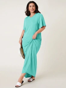 SHEIN BASICS 大尺碼純色女款T恤洋裝 夏季女裝 優雅寬鬆休閒度假海灘正式洋裝 藍綠色 - 薄荷綠 - 查看 5