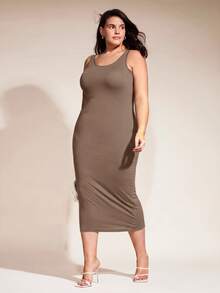 SHEIN BASICS 大尺碼純色修身休閒晚餐約會洋裝 夏季女款優雅連身裙 - 巧克力棕 - 查看 4