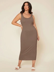 SHEIN BASICS 大尺碼純色修身休閒晚餐約會洋裝 夏季女款優雅連身裙 - 巧克力棕 - 查看 7