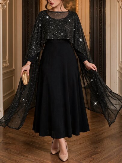 Roveilla Plus Size Women Elegant Shawl Glitter Fabric Knit Bodycon Dress, Evening Gown, Party Birthday Dress, Elegant Romantic High-End Women Knit Dress, Autumn/Winter