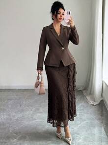 GlowEve CURVE Plus Size Women's Woven Regular Fit Autumn/Winter Elegant Commute Date Lady Professional Metal Square Buckle Cuff Lace Blazer And Side Ruffle Lace Skirt 2-Piece Set In Chocolate Brown - Chocolate Brown - View 5
