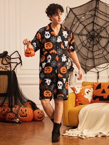 Provexi Provexi Halloween Men's Lapel Collar Open Front Short Sleeve Shorts Pajama Set - Multicolor - View 6
