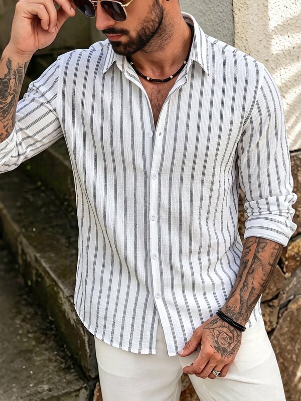 Manfinity CasualCool Men's Long-Sleeved Black And White Striped Shirt, Skin-Friendly And Soft
