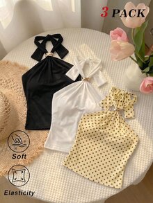 SHEIN MOD 女款金屬裝飾修身百搭日常穿搭掛脖上衣 - 淡黃色 - 查看 1