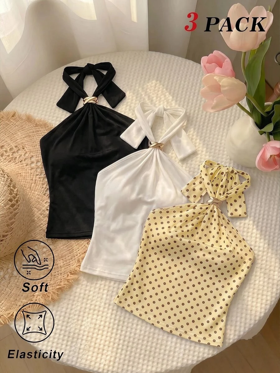 SHEIN MOD 女款金屬裝飾修身百搭日常穿搭掛脖上衣 - 淡黃色 - 查看 1